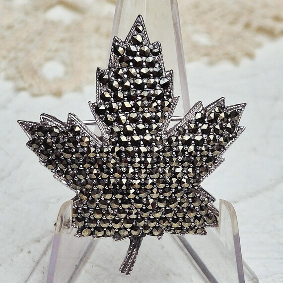 Keyes Signed Vintage Marcasite Silver Plated Mapl… - image 9