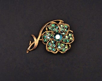 belle broche ancienne plaqué métal émaillé décor floral