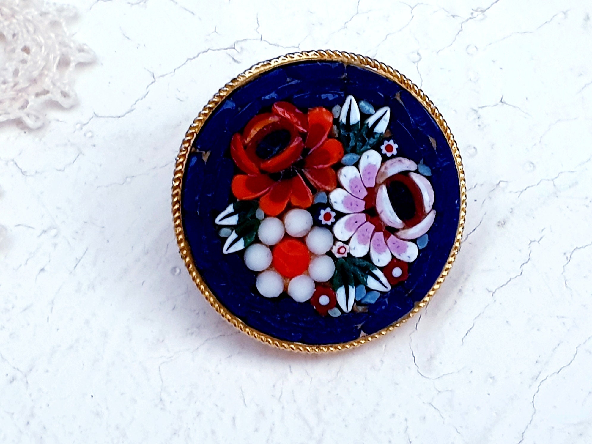 Broche Vintage Italienne Micro-mosaïque – Forme Rose, Argenté