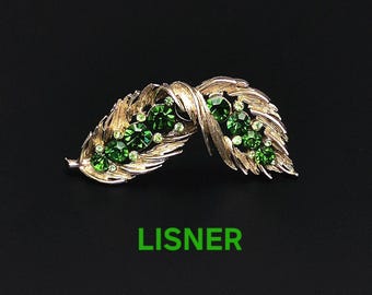 Lisner Vintage Gold-tone Leaf Brooch with Green Rhinestones, Signed Lisner ©.