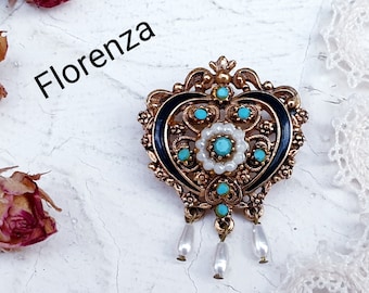 FLORENZA Signed Vintage Brooch, Victorian Style, Faux Pearls and Turquoise,  Openwork Frame, Enamel