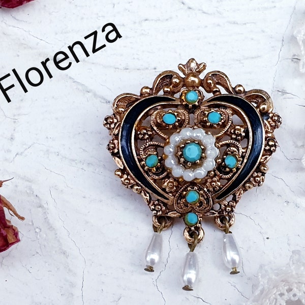 vintage années 1960 FLORENZA Signé Déclaration Broche Style Victorien Fausses Perles et Turquoise, Cadre Ajouré, Émail