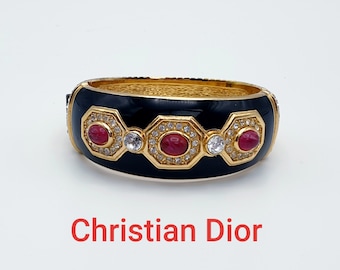 RARE CHRISTIAN DIOR Vintage Bangle Bracelet Gold plated, Black Enamel, Gripoix Glass Cabochons, Clear Rhinestones.  Signed Chr. Dior Germany