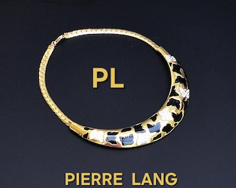 Collar vintage de mariposa Pierre Lang, collar llamativo chapado en oro, esmalte negro y diamantes de imitación transparentes, firmado PL, joyería de diseñador austriaca.