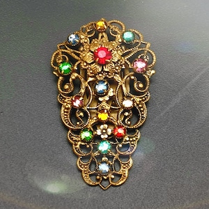 Art Deco Czech Filigree Dress Clip with Multicolor Rhinestones
