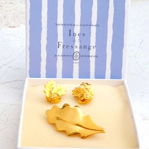 INES de la FRESSANGE Vintage Demi Parure. Oak Leaf Brooch and Matching Clip-on Earrings Set in Original Box, Unused
