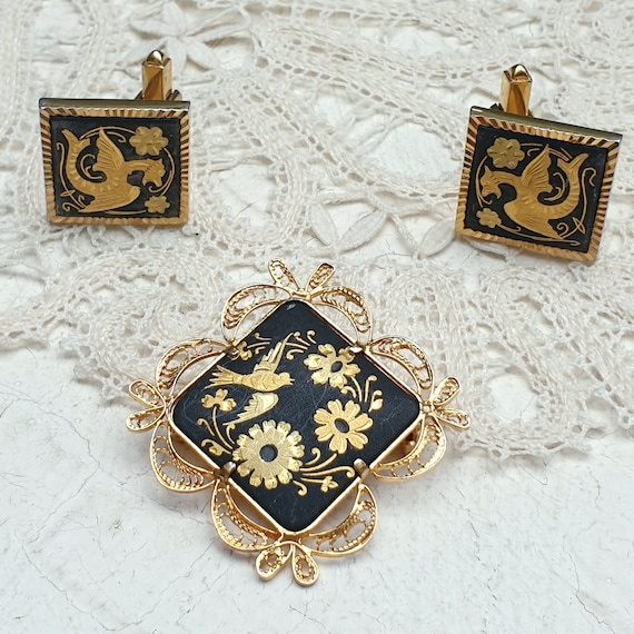 Vintage Damascene Toledo Gold Inlay Jewelry Set. … - image 2