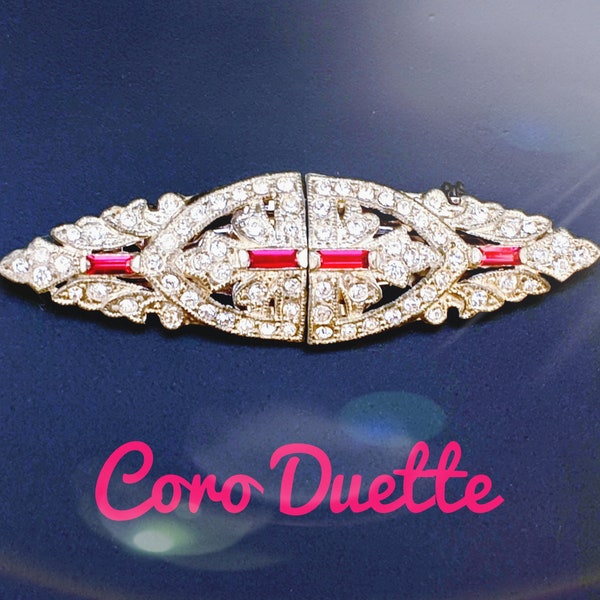 CORO DUETTE Dress Clips Brooch with Ruby Red Baguette and Clear Rhinestones, Rhodium plated. Pat.1852188, Signed.