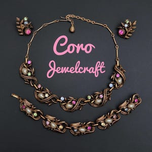 RARE Jewelcraft by Coro 1950s Vintage Demi Parure. Necklace, Bracelet, Earrings Set. Faux Baroque Pearls, Multicolor Rhinestones. Signed