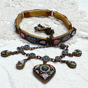 Antique 19th Century Micro Mosaic Demi Parure. Necklace and Bracelet Jewelry Set.  Italian Grand Tour Victorian Jewelry