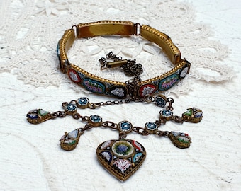 Collier Micro-mosaïque à Pampilles Ancien - Italie 18-19ème Siècle - Laiton - Occasion Rare