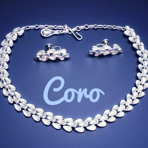 Coro Vintage Demi Parure. Choker Necklace and Matching Screw-on Earrings. Rhodium plated. Full Signed.