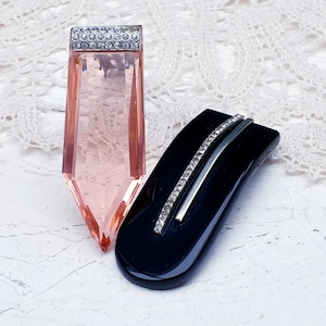 Two Art Deco Early Plastic Antique Dress Clips.  Black Celluloid and Pink Lucite Signed Tchecoslovaqie Czechoslovakia.