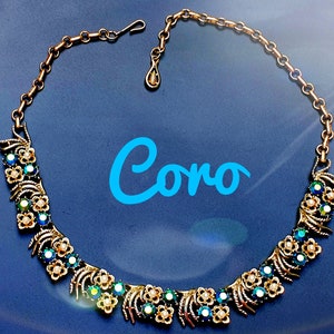 Coro Signed Vintage Choker Necklace in Gold tone with Faux Pearls and Blue-Green Peacock AB Rhinestones.