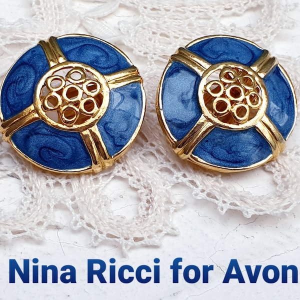 Nina Ricci for Avon Vintage Clip-on Earrings.  Gold plated with Blue Enamel.   Signed NR Avon. 1980s.