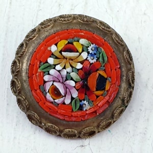 Antique Micro Mosaic Floral Brooch Italy Grand Tour Art Deco Jewelry