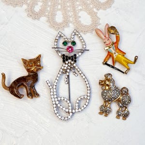 Four Vintage Animal Themed Brooches. Cats, Poodle, Rabbit Brooches. Vintage Jewelry Lot