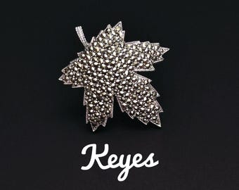 Keyes Signed Vintage Marcasite Silver Plated Maple Leaf Brooch.