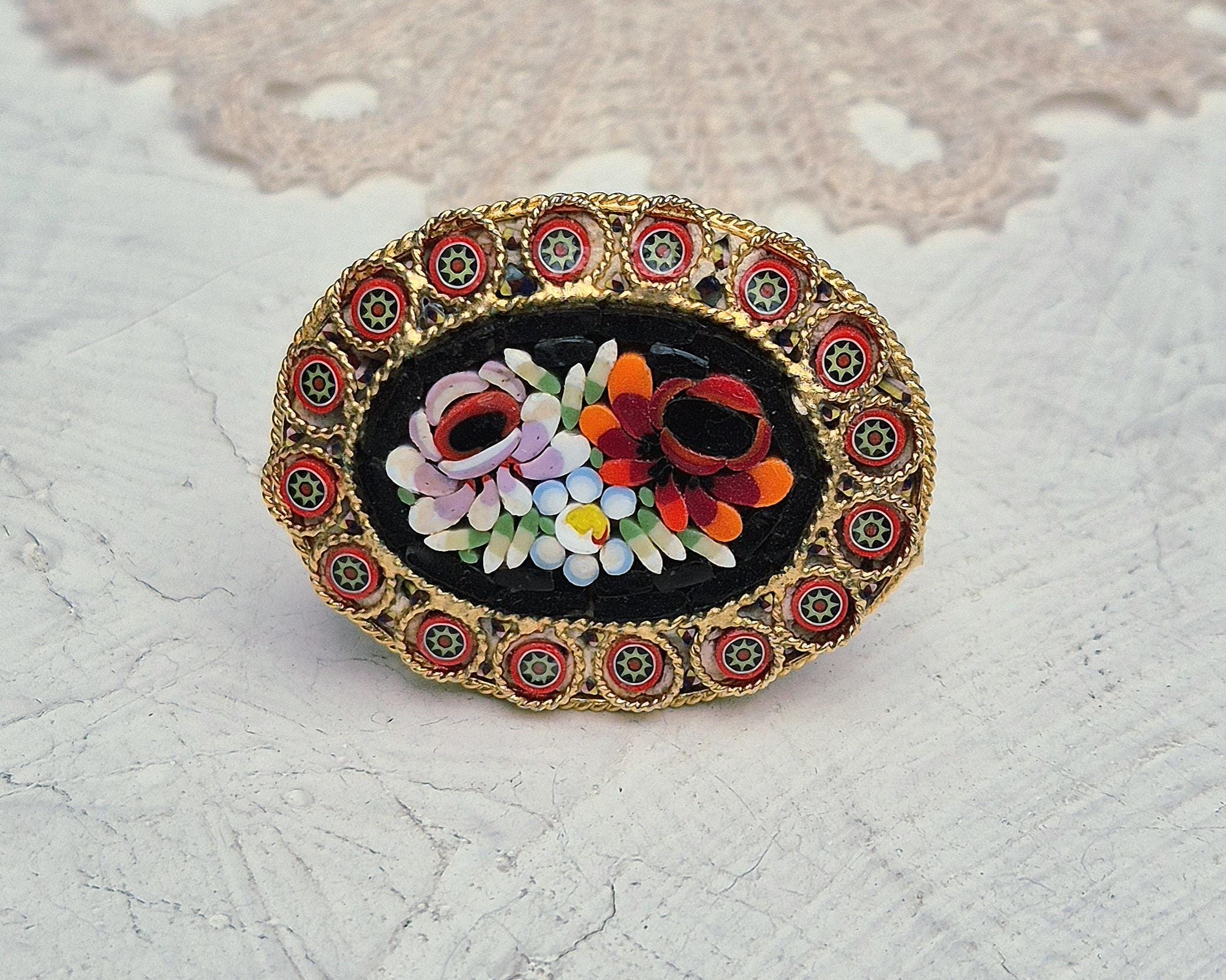 Broche Micro Mosaïque Ronde - Diamètre 2,3 Cm - Occasion Bon état