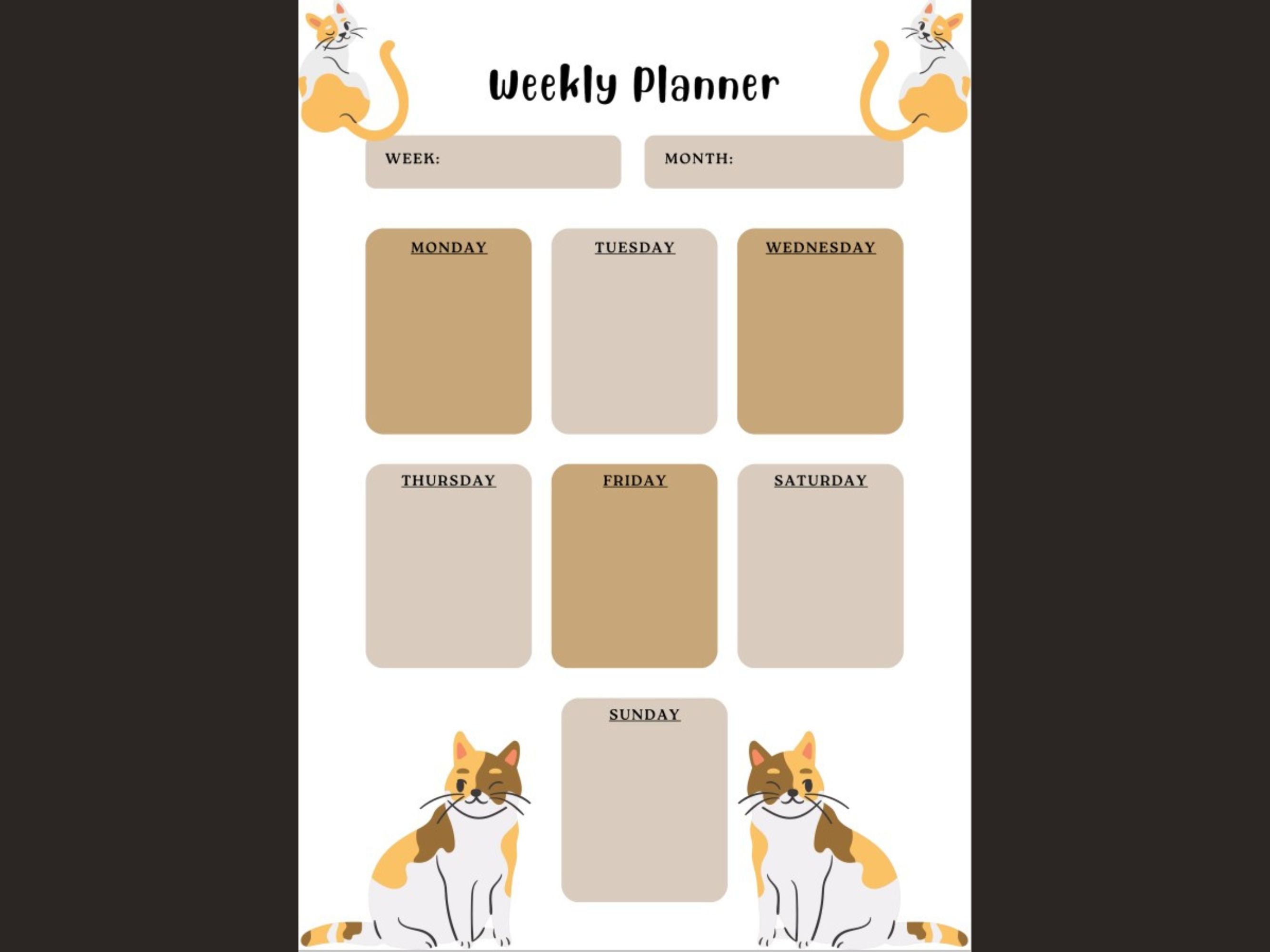 Weekly Planner Kitty Cute Cat Printable PDF Forms A4 Sizes Letter Sizes ...