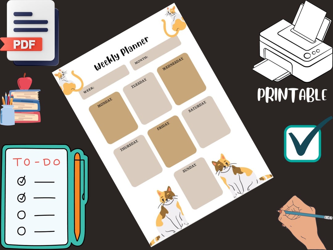 Weekly Planner Kitty Cute Cat Printable PDF Forms A4 Sizes Letter Sizes ...