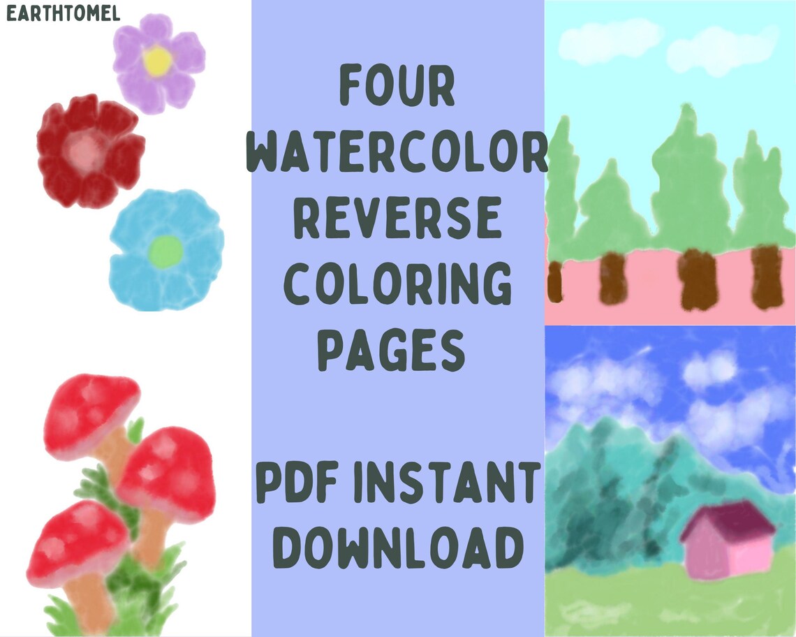 Watercolor Reverse Coloring Pages: Nature Printable, Creative ...