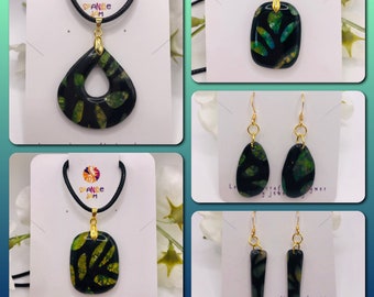 FAUX MURANO GLASS effect hand crafted polymer clay jewellery, pendants, earrings. Beautiful statement pieces in black, blue, green and gold.