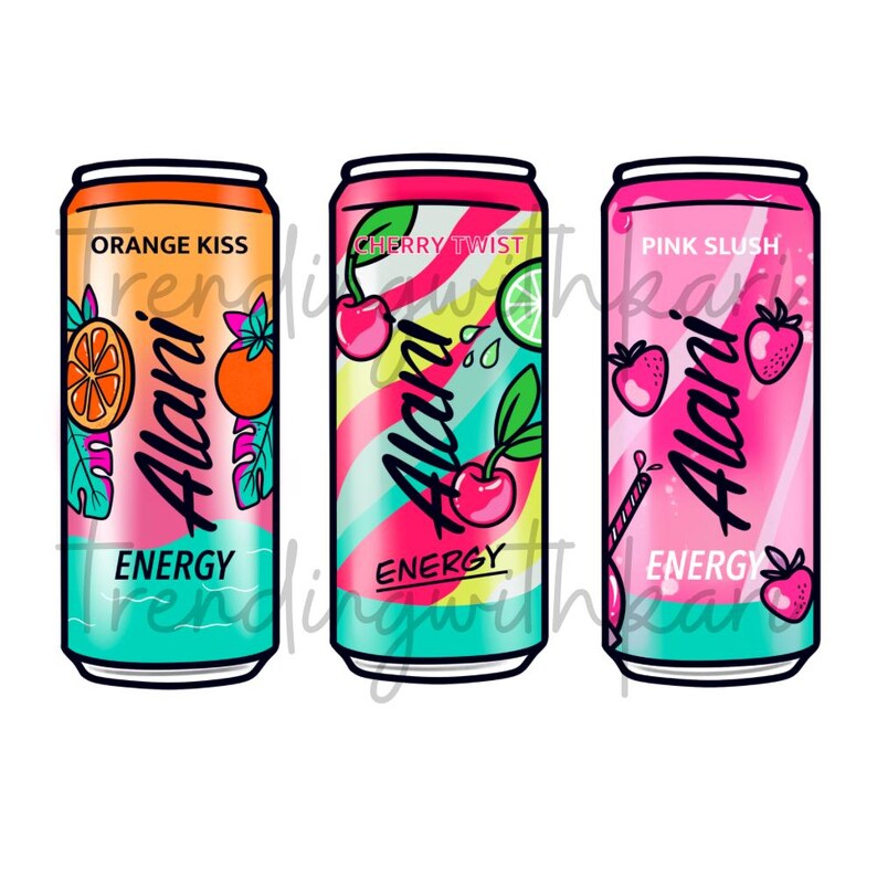 May include: Three colorful energy drink cans. The cans are labeled "Orange Kiss", "Cherry Twist", and "Pink Slush". Each can features the brand name "Alani" and the word "Energy". The cans have fruit illustrations.