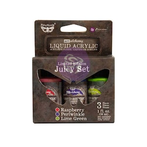 May include: A set of three 1-ounce bottles of liquid acrylic paint in raspberry, periwinkle, and lime green colors. The bottles are labeled "art alchemy Liquid Acrylic" and are part of a "Limited Edition Juicy Set".