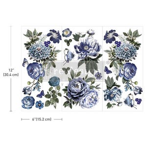 May include: A sheet of blue and white floral transfer decals for furniture and home decor. The decals feature a variety of blue flowers, including roses, peonies, and hydrangeas, with green leaves and butterflies. The sheet measures 12 inches by 6 inches.