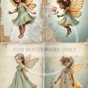 May include: Four digital illustrations of fairies with wings. Each fairy is wearing a dress and has a flower crown. The fairies are set against a vintage background with flowers and butterflies.