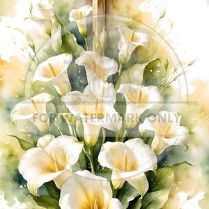 May include: Watercolor painting of white calla lilies and a gold cross. The flowers have yellow centers and are surrounded by green leaves. The background has soft yellow and green watercolor washes. The text "FOR WATERMARK ONLY" is visible.