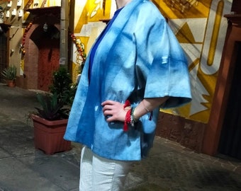 Kimono-type bag with Shibori Style Indigo Dyed Blanket / Handmade blanket woven on a pedal loom
