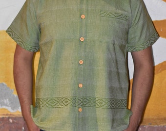 Handmade Short Sleeve Shirt, Olive Green Men's/Men's Garment, fresh and light shirt for all occasions