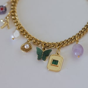 The Olive Charm Bracelet: Green Pendants with Swan & Butterfly charms, lavender amethyst and real freshwater pearls