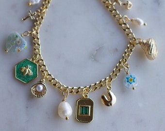 The Californian Olive Charm Bracelet: Green Pendants, Bee charm, Seashells, Cherry, Fortune Cookie, freshwater pearls