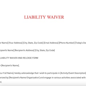 Waiver Template, Liability Form Agreement, Liability Damage Waiver Template, Liability Waivers Release Form