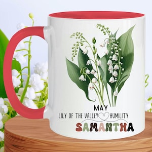 Custom Birth Month Flower Coffee Mug with name, Christmas gift, Birth Month flower Sister gift, May birth flower month personalized mug