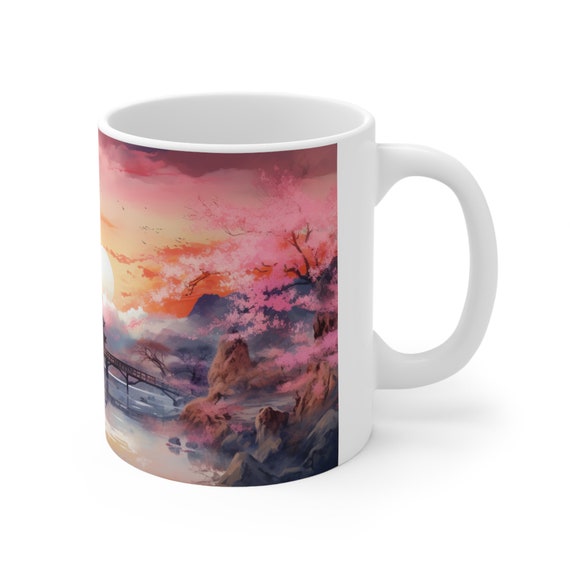 Mug Personnalisé Manga Avec Paysage Japonais Et Sakuras - 325 Ml, Céramique, Fait Main En France, Neuf