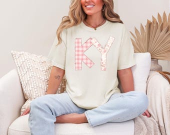 KY Shirt for Women, Kentucky Graphic Tee, Pink Gingham Floral KY Tee, Southern State Shirt, Cute Kentucky T Shirt, Gift for Kentucky Girl