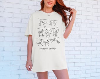 Count Your Blessings Shirt, Faith Based Graphic Tee, Christian T Shirt for Women, Minimalist Bow Line Art Shirt, Inspirational Boutique Tee