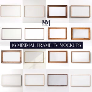 Puede incluir: Dieciséis maquetas de TV con marco minimalista, cada una con una pantalla blanca y un marco de madera diferente. Los marcos varían en color, incluyendo tonos claros, oscuros y dorados. El texto "16 MINIMAL FRAME TV MOCKUPS" se muestra en una pancarta azul oscuro.