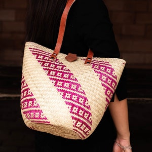 handmade bag with floral detail in pink stripes and long leather handles image 3