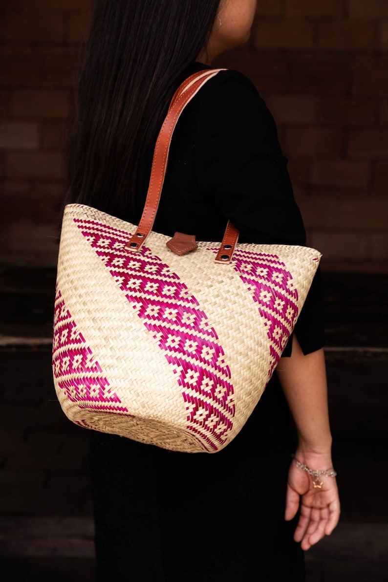 handmade bag with floral detail in pink stripes and long leather handles image 3