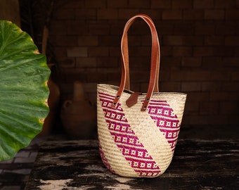 handmade bag with floral detail in pink stripes and long leather handles