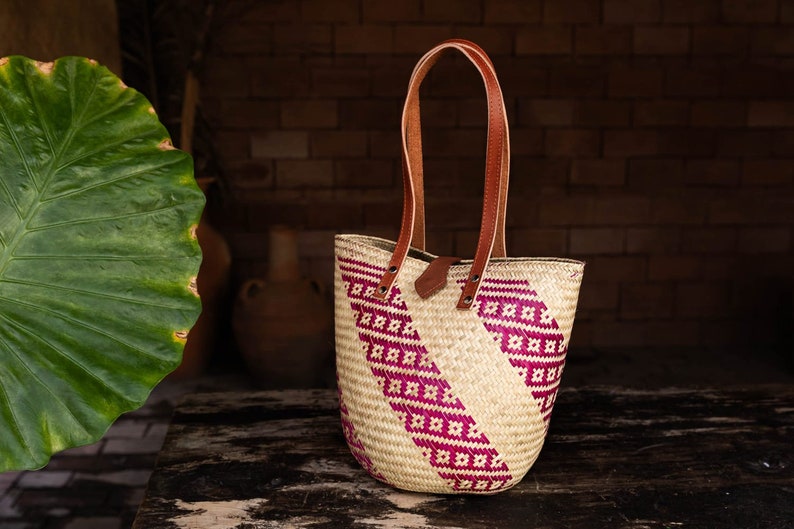 handmade bag with floral detail in pink stripes and long leather handles image 1