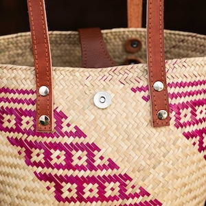 handmade bag with floral detail in pink stripes and long leather handles image 5