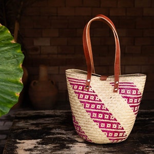 handmade bag with floral detail in pink stripes and long leather handles image 4