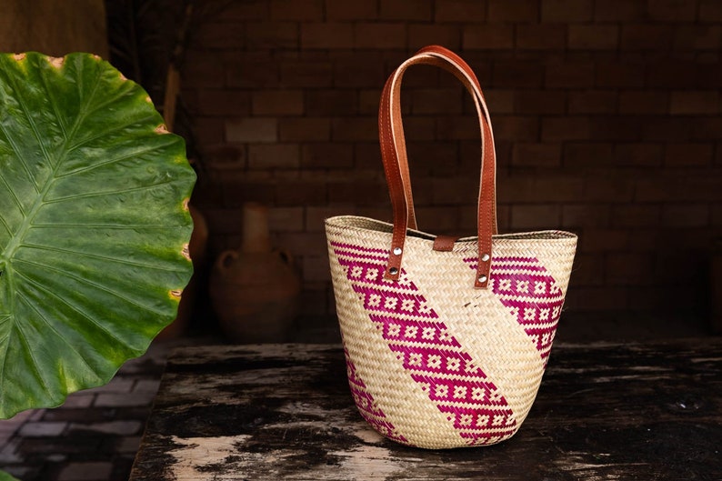 handmade bag with floral detail in pink stripes and long leather handles image 4