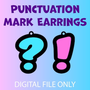 Puede incluir: Un archivo digital para crear un par de pendientes. Los pendientes tienen forma de signo de interrogación y de exclamación. El signo de interrogación es azul y el signo de exclamación es rosa.